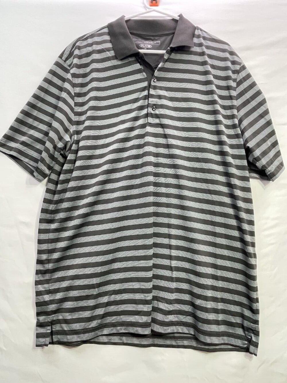 Greg Norman Polo Shirt Mens L Black & Gray Striped Short Sleeve